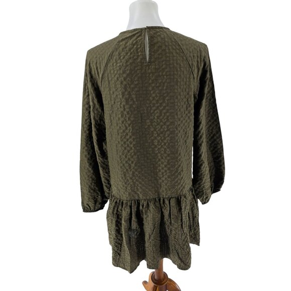 Pieces Loose-Fit Textured Olive Green Long Sleeve Dress W/ Button Back S - Picture 3 of 10